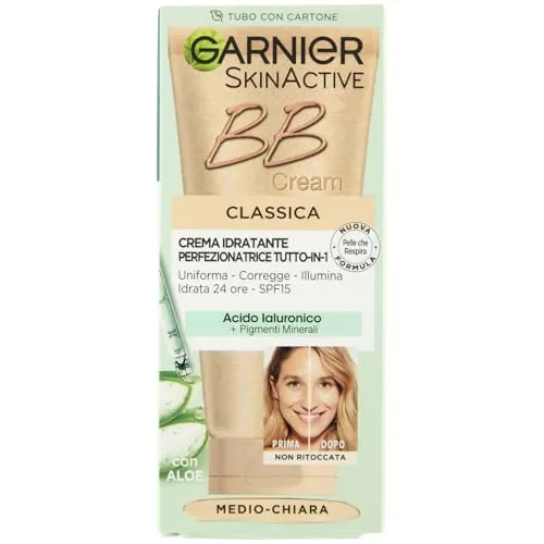 Garnier Klassische BB Cream SkinActive, für ebenmäßige und feuchtigkeitsspendende Haut, natürlicher Look, angereichert mit Hyaluronsäure, Aloe Vera und Mineralpigmenten, LSF 15, Farbtöne: mittelhell