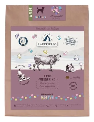 Lakefields Classic Trockenfutter für Welpen | Rind 60% | 1 x 1kg | Getreidefreies Welpenfutter trocken | Natürliche Zutaten in Lebensmittelqualität | Äpfel, Karotten & Zucchini | Schonend gebacken