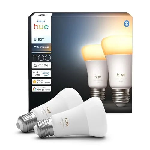 Philips Hue Smart LED A60 Lampe - 2er Pack - Energiesparlampen mit Vollspektrumlicht von 1000K-20000K, dimmbar und kompatibel mit Alexa, Google Assistant und Apple Home für individuelle Lichtsteuerung.