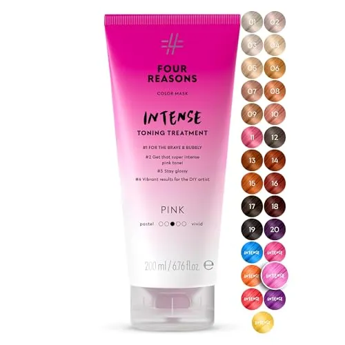 Four Reasons Color Mask INTENSE - Pink – Intensive Tönungsbehandlung für strahlende Haarfarbe - Intensive Tönungsbehandlung für gefärbtes und aufgehelltes Haar. Die ammoniakfreie Formel sorgt für lebendige Farbe und glänzendes, gepflegtes Haar ohne Schäden. 100% vegan und tierversuchsfrei.