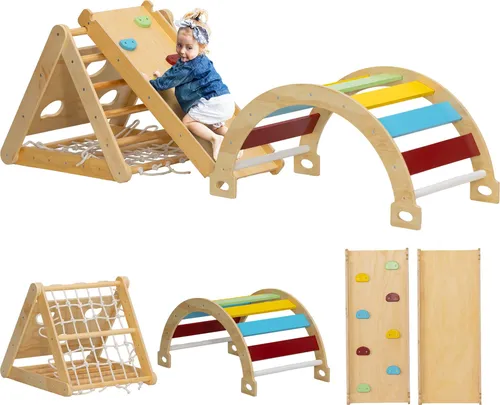 AIYAPLAY 7-in-1 Montessori Klettergerüst Indoor - Vielseitiges Klettergerüst aus hochwertigem Kiefernholz für Kinder von 1,5-4 Jahren. Fördert spielerisch Koordination und Freundschaft mit sicheren Materialien und flexibler Rutsch- und Klettertafel.