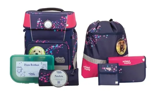 SCHOOL MOOD Champion Maxx Leni Hund Schulranzen - 7-teiliges Set mit farbenfrohem Hundedesign, ideal für Mädchen. Leichtgewicht mit 1150 Gramm und praktischem Brustgurt für optimalen Tragekomfort.