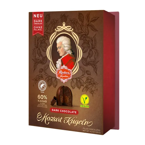 Reber Mozart-Kugeln Dark Chocolate, 6er Packung - Praline mit veganer Zartbitterschokolade (mind. 60% Kakao) und hochwertigem Marzipan, ideal für anspruchsvolle Schokoladen-Liebhaber. Nachhaltige Produktion mit Rainforest Alliance-zertifiziertem Kakao.