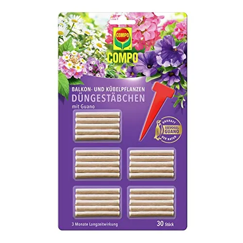 Compo Balkon- und Kübelpflanzen Düngestäbchen mit Guano - Praktische Düngestäbchen für Balkon- und Kübelpflanzen, sorgen für eine einfache Nährstoffversorgung bis zu 3 Monate. Ideal für ein gesundes Pflanzenwachstum und prächtige Blüten.