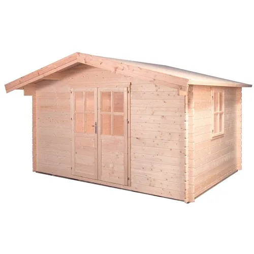 Gartenhaus Blockbohlenhaus Donau 380 x 280 cm - Viereckiges Gartenhaus mit 28 mm Wandstärke und Satteldach in natürlicher Holzfarbe, ideal für Gartenlagerung oder Freizeitgestaltung.