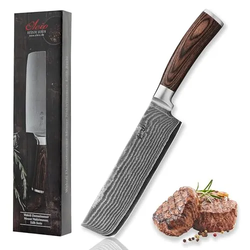 Wakoli Edib Damast Nakiri Messer - 17,5 cm Klinge aus 67 Lagen Damaststahl, ergonomischer Pakkaholzgriff für präzises Schneiden und elegantes Design in Geschenkbox