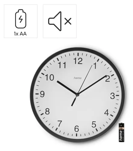 Hama Wanduhr Elba, Ø 25 cm, ohne Ticken, Schwarz