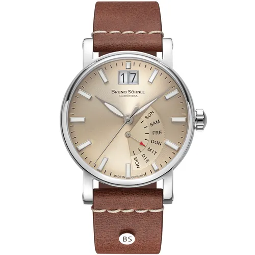 BRUNO SÖHNLE UHRENATELIER GLASHÜTTE/Sa Pesaro I 17-13073-841 Herrenarmbanduhr - Elegante Herrenarmbanduhr aus Edelstahl mit rundem Gehäuse, Saphirglas und hochwertigem Lederarmband – ideal für stilbewusste Männer.