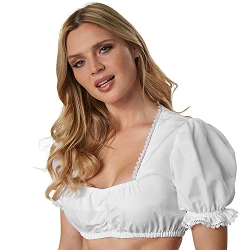 dressforfun 900588 Dirndlbluse mit leichtem Trapez Ausschnitt und Spitzen Rüschen, kurz, weiß (S | Nr. 303040)