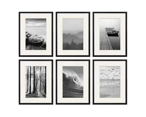 PHOTOLINI 6er Set Bilderrahmen 30x40 cm Modern in Schwarz - Einzelrahmen mit Passepartout, ideal für kreative Wandgestaltungen und schützt Ihre Bilder durch Acrylglas mit Sicherheitsfolie.