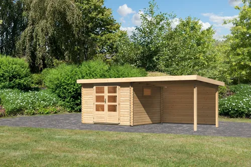 Gartenhaus Trittau 3 Blockbohlenhaus mit Anbaudach - Geräumiges Gartenhaus aus nordischer Fichte mit 38 mm Wandstärke, ideal für Gartengeräte oder als Rückzugsort. Inklusive stabiler 6-Plus-Eckverbindung und viel Tageslicht durch Doppelflügeltür.