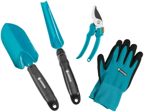 GARDENA Grundausstattung Kleingeräte - Praktisches Set mit Blumenkelle, Unkrautstecher, Gartenschere und Handschuhen, ideal für die perfekte Gartenpflege