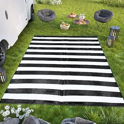 TAPISO Ibiza Teppich Outdoor Zweiseitig Wendbar Wasserdicht Resistent Streifen Zebra Weiß Schwarz Picknick Strand Garten ÖKO-TEX 120 x 180 cm