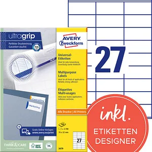 Zweckform 3479 Avery Etiketten 70 x 32mm, 2700 Stück - Universaletiketten in weiß, ideal für staufreies Drucken und starke Klebkraft auf verschiedenen Materialien. Perfekt für Seriendruck und große Aufträge, nachhaltig produziert in Deutschland.