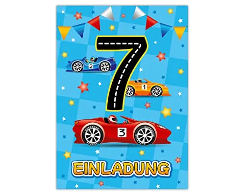 Einladungskarten zum 7. Kindergeburtstag siebte Geburtstag Jungen Rennauto Geburtstagseinladungen 12