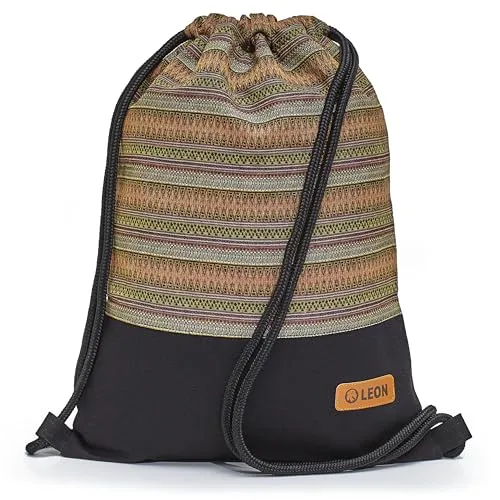 By Bers Leon großer Premium Turnbeutel mit Innentaschen Rucksack Tasche Damen Herren Teenager Gym Bag Draw String 45x34cm für Sport Reise Alltag Einkauf (TB_Boho_Schwarz_016)
