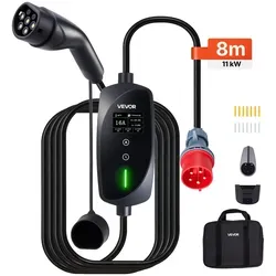 VEVOR Mobile Wallbox 11kW mit 8m Ladekabel - Praktische 3-phasige Ladestation Typ 2 (CEE 16A) für schnelles Laden, ideal für Zuhause oder unterwegs. Robuste Bauweise aus PC und ABS, 8m Kabel für flexible Nutzung.
