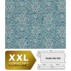 Edem Vliestapete 6001-95 Barock Tapete Ornament glitzernd türkis silber petrol 10,65 m2, geprägt, leicht glänzend, ornamental, Barock-Style, (1 XXL Rolle, doppelte Breite, 10,65 qm), Vinyltapete auf Vliesbasis, türkis, silber, petrol blau 1.06 m x 10.05 m