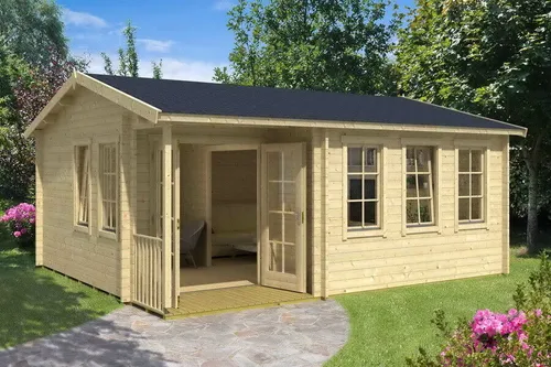 Gartenhaus Holz 44mm SRI LANKA SILVER 580x500cm44 mm 2 Räume + Boden+ Veranda