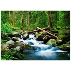 Fototapete Wasserfall mit Wald 3D Effekt Grün Natur 300x210 cm - inkl. Kleister - für Wohnzimmer Schlafzimmer Flur Modern Vlies Tapete Vliestapete Wandtapete Motivtapeten UV-Beständig