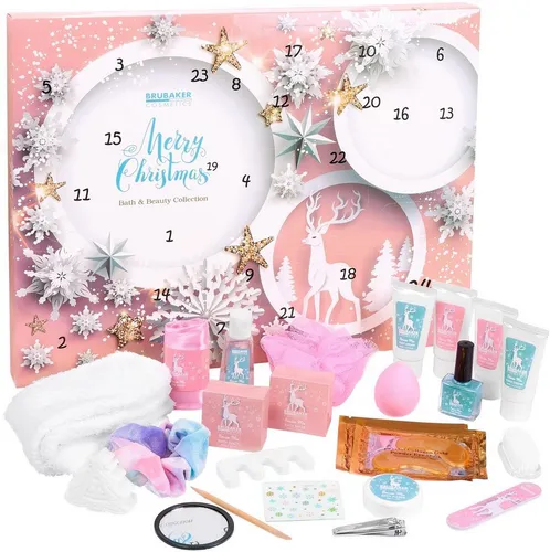 BRUBAKER Cosmetics Beauty Adventskalender 2024 - XXL Wellness Weihnachtskalender für Frauen, 24 Körperpflege Produkte und Spa Accessoires in Rosa mit funkelnden Sternen und Schneeflocken