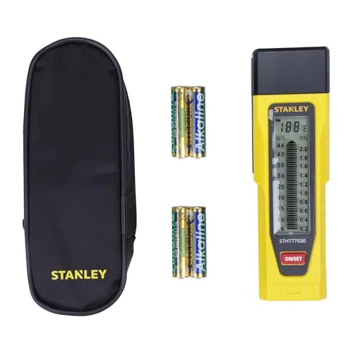 Stanley Moisture Meter - Präzises Messwerkzeug zur Feuchtigkeitsbestimmung in Mauerwerk und Holz, inklusive LED-Beleuchtung und LCD-Anzeige für einfache Ablesbarkeit.