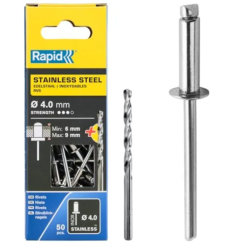 Rapid Blindnieten Edelstahl Ø 4mm, 6-9mm Klemmbereich, 50 Stk. V2A Nieten, Set inkl. Bohrer, für Blindnietzangen