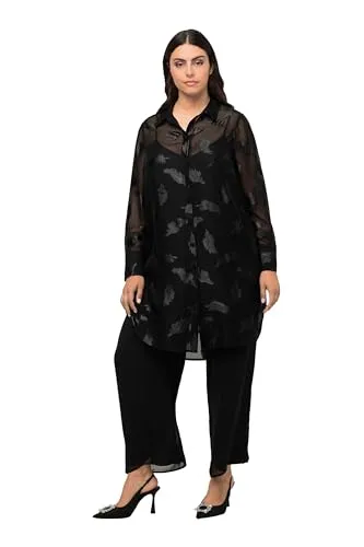 Ulla Popken Hemdbluse Longbluse mit Metallic-Federn - Hemdbluse aus leichtem Chiffon, ideal für festliche Anlässe, in elegantem Schwarz mit Metallic-Print, Größe 58/60, pflegeleicht und maschinenwaschbar.