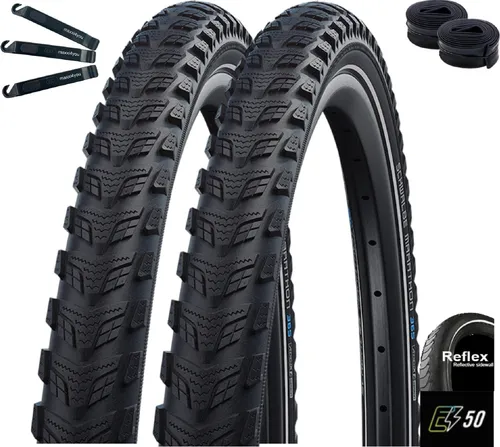 Schwalbe Marathon 365 GreenGuard E-50 Fahrradreifen Schwarz mit Reflex 40-622 (28 x 1,50) + 2 x Schwalbe Schläuche DV17 inkl. maxxi4you Reifenheber 2 x