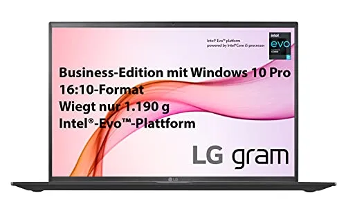 LG gram 16 Zoll Ultralight Notebook Business Edition - 1,19 kg Leichter Intel Core i5 Laptop (16GB LPDDR4, 512GB SSD, 22 h Akkulaufzeit, WQXGA IPS Display, Thunderbolt 4, Windows 10 Pro) - Schwarz