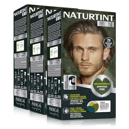 Naturtint Men | Permanente Haarfarbe Ohne Ammoniak Speziell für Männer | 100% Grauabdeckung | Haare und Bart | Natürliche und Langanhaltende Farbe | Natürliche Inhaltsstoffe | 7N Haselnussblond | Pack