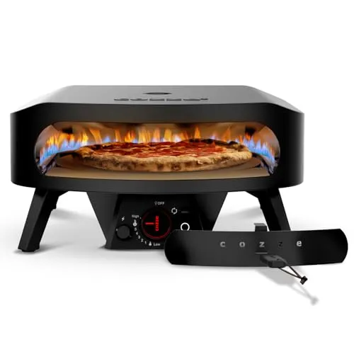 Cozze 17" Rotate Pizzaofen Black Edition – Gasgrill mit Hitzeschild - Moderner Pizzaofen mit rotierender Funktion für gleichmäßiges Backen. Ideal für den Außenbereich, inklusive Hitzeschild und Druckminderer. Genießen Sie perfekte Pizzas mit 6 kW Heizleistung!