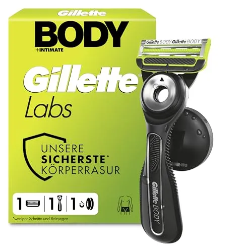 GilletteLabs Body & Intimate Rasierer Herren - Ergonomischer Rasierer für Körper und Intimbereich mit innovativem 3-Fach Schutzsystem gegen eingewachsene Haare. Inklusive praktischer Duschhalterung und langlebigen Premiumklingen für eine sichere und angenehme Rasur.
