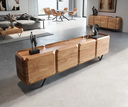 DELIFE Lowboard Kiano 220 cm aus Akazie Natur - TV-Schränke: Stilvoller Raumteiler mit 4 Türen, beidseitig zugänglich und moderner Würfel-Optik – perfekt für dein Wohnkonzept!