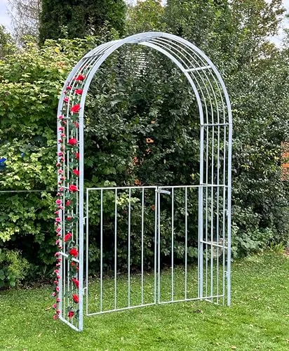 DanDiBo Verzinkter Rosenbogen mit Tor, 140 cm Breite - Spaliere - Massiver, rostbeständiger Metallbogen für stilvolle Gartenverschönerung, einfache Montage und zusätzliche Standfestigkeit durch Bodenanker.
