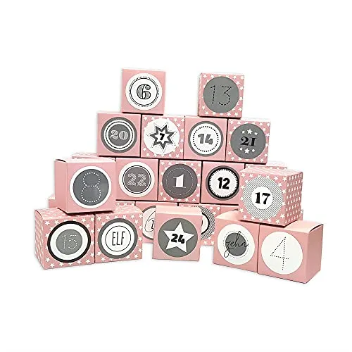 Frau WUNDERVoll® DIY Adventskalender Vorfreude zum Befüllen, Faltschachteln 12x rosa weiße Sterne,12x rosa 7x7x7cm (gefaltet), XL Ziffern grau/Weihnachten, Würfelbox, Faltverpackung, Schachteln