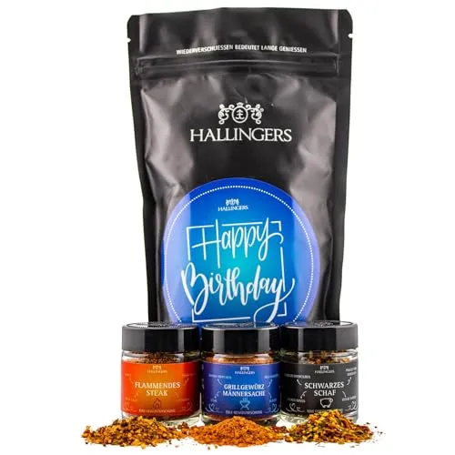 Hallingers Genuss Manufaktur Feinkost Geburtstagsgeschenk-Set - wertig in der Wundertüte "Happy Birthday ..." kleiner Geburtstagsgruß Steak-, Grill-Gewürz & Schwarzes Schaf, Geschenke für Männer