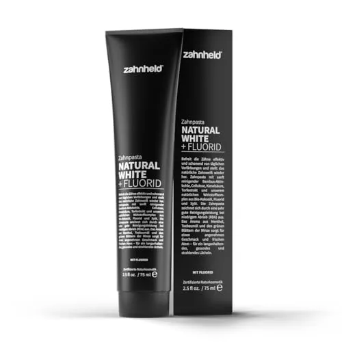 Zahnheld Natural White Zahnpasta – Zähne aufhellen & Kariesschutz – Whitening Zahncreme – schonende Zahnaufhellung mit Hydroxyapatit, Bambus-Aktivkohle & Hyaluron – milder Minzgeschmack