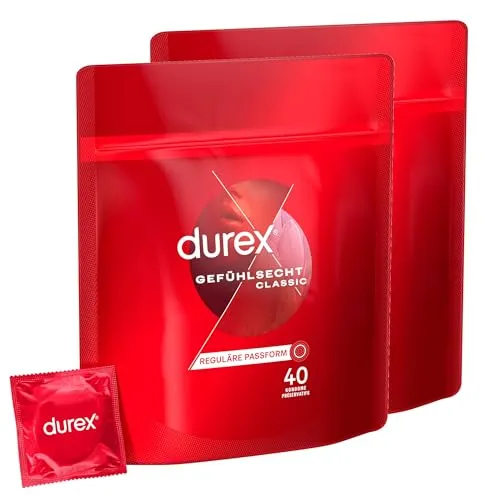 Durex Gefühlsecht Classic Kondome – 80 Stück für intensiven Genuss - Kondome für Männer, dünn und befeuchtet für ein intensives Gefühl. Mit anatomischer Easy-On-Form für perfekten Sitz und angenehmen Geruch.