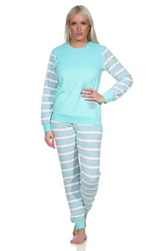 Normann Geringelter Damen Frottee Schlafanzug mit Eiskristall, Mint, Größe 36-38 - Bequemer Damen Schlafanzug aus weichem Frottee für kalte Tage. Mit stilvollem Ringel-Design und winterlicher Eiskristall-Stickerei. Maschinenwaschbar und pflegeleicht, ideal für gemütliche Nächte.