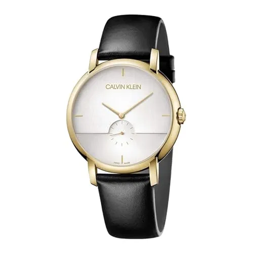 Calvin Klein Established K9H2X5C6 Herrenuhr - Elegante Herrenuhr mit Edelstahlgehäuse, goldfarbener Beschichtung und schwarzem Lederarmband. Wasserdicht bis 3 atm, ideal für stilbewusste Männer.