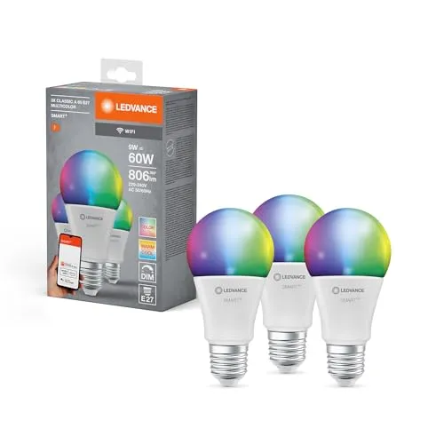 Ledvance Smart WIFI LED-Lampen A60 E27, dimmbar, 3 Stück - LED-Lampen mit WiFi-Technologie und RGB-Farbsteuerung, steuerbar über App oder Sprachassistenten. Ideal für Wohnräume und Gewerbe, mit einer Lebensdauer von bis zu 15.000 Stunden.