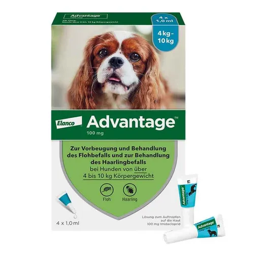 Advantage 100 Hunde 4-10 kg - Effektives Zecken- und Flohmittel - Zeckenmittel & Flohmittel für Haustiere, rezeptfrei, schützt Hunde von 4-10 kg zuverlässig vor Parasiten, einfache Anwendung in praktischen 4 St.