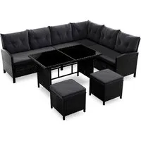 Juskys Polyrattan Lounge Manacor - Wetterfeste Gartenmöbel für bis zu 7 Personen - Gartenmöbel Set mit Ecksofa, Esstisch und Hockern. Wetterfest, robust und pflegeleicht mit abnehmbaren, waschbaren Bezügen für maximalen Komfort.