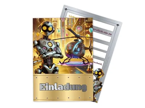 Limonia 12 Einladungskarten zum Kindergeburtstag - Geburtstagseinladung Einladung zum Geburtstag Kinderparty Techno-Party für Jungs Kinder Science High-Tech Helikopter Roboter