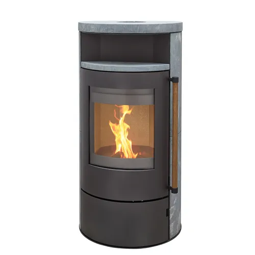 H M Kaminofen München Max Style - 8kW Holzofen mit gussgrauer Stahlverkleidung und Naturstein, energieeffizient mit A+ und großer Sichtscheibe