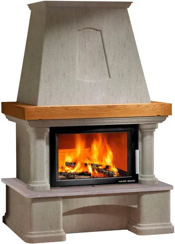 Haas + Sohn Kaminbausatz GENF-III Quarzit Mocca Creme mit Komfort-IV - Vielseitiger Kaminbausatz für Holzfeuerungen, ausgestattet mit Sichtscheibe und externem Luftanschluss. Ideal für gemütliche Abende und effiziente Wärme.