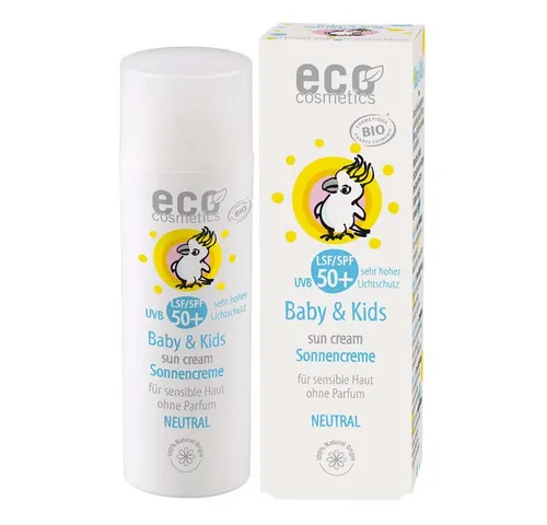 Eco Cosmetics Baby & Kids Neutral Sonnencreme LSF50+ - Sonnenpflege für Babys und Kinder mit sehr hohem Lichtschutz LSF 50+. Wasserfest und ideal für sensible Haut, pflegt mit Vitamin E und Schwarzkümmelöl.