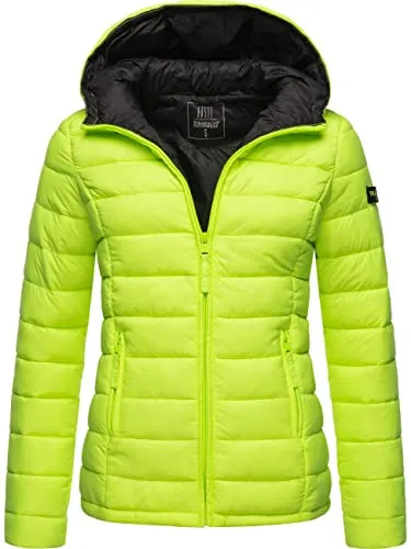 MARIKOO Damen Übergangsjacke Lucy - Leichte Steppjacke mit Kapuze in Neon Green - Funktionsjacke für Übergangszeit, wasserabweisend und leicht wattiert für hohen Tragekomfort. Ideal für Wanderungen und Reisen, kombinierbar mit verschiedenen Styles.