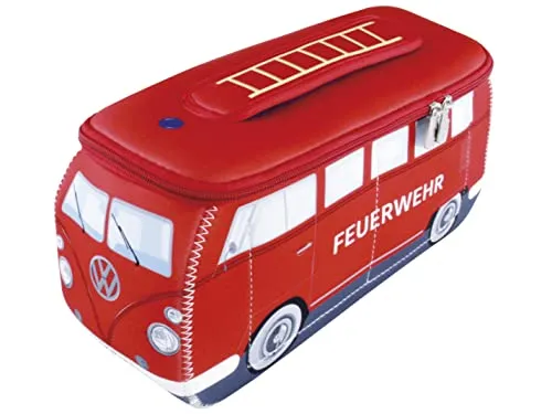 BRISA VW Collection - Volkswagen Neopren T1 Bulli Kosmetiktasche - Make-up Taschen & Etuis: Offiziell lizenziertes Volkswagen Produkt im Feuerwehr-Design mit praktischen Fächern und multifunktionaler Nutzung. Ideal für Kosmetik, Reiseapotheke oder als Kühltasche.
